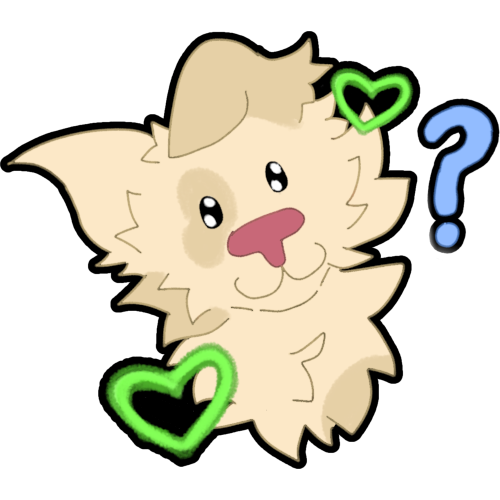 a cartoon-style depiction of a fluffy cream-colored dog with a pink nose and light brown markings around its eyes and ear. The dog has a happy expression, with its head tilted to the left, next to it is a blue question mark and surrounding the dog is two green hearts.